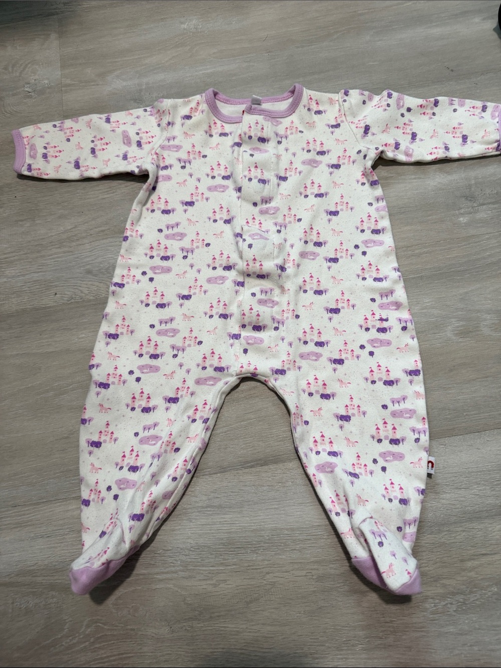 E=mc2 Baby Footed One-Piece in White with Pink & Purple Print size 6-9 months